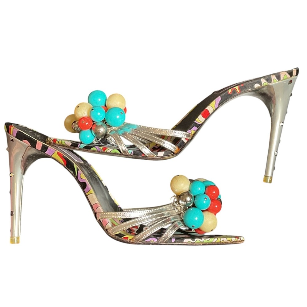 EMILIO PUCCI STRAPPY SEXY COLORFUL SANDALS MULES W/BAMBOO HEEL SZ 8.5